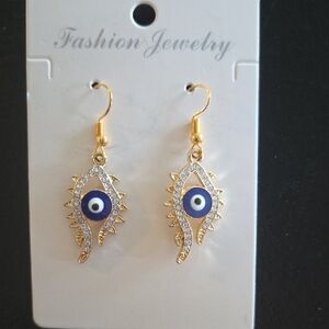 Fashion Jewelry Gold-Tone Blue and White Evil Eye Dangle Earrings Brand New